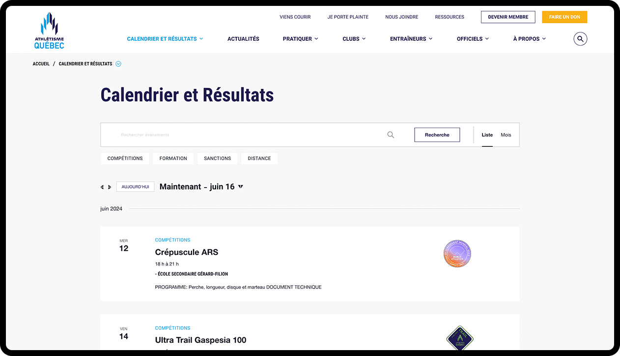 Capture d'écran du site Athlétisme Québec