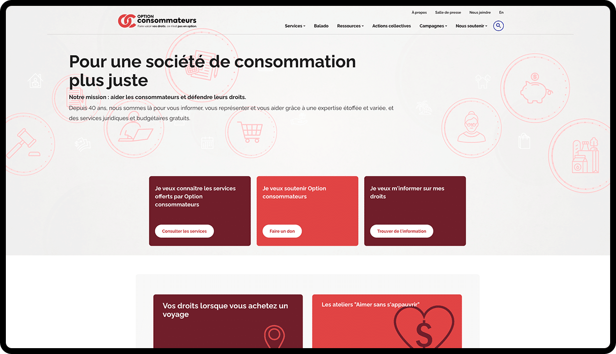 Capture d'écran du site de Option Consommateurs