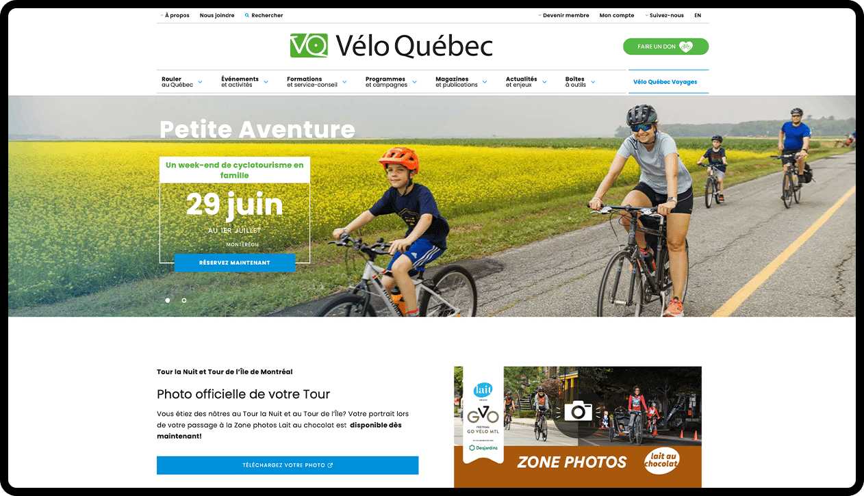 Capture d'écran du site Vélo Québec
